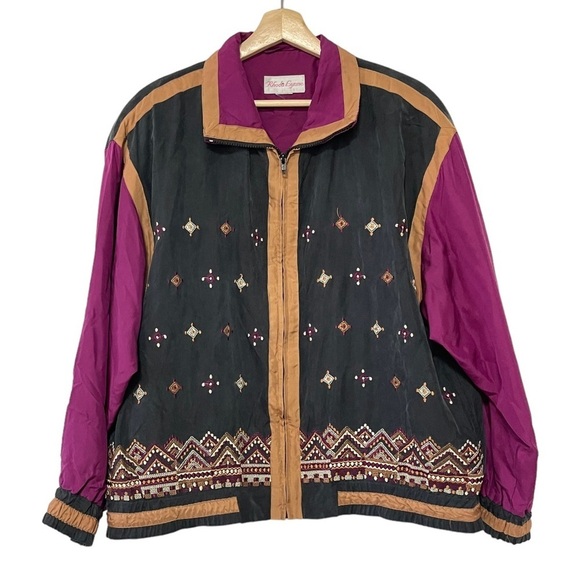 90S VINTAGE SILK‎ Black Purple Tan Aztec Western Tribal Print Boho Windbreaker - Picture 1 of 6